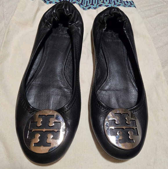 Tory Burch Shoes - Tory Burch Black Leather Flats with Iconic Medallion